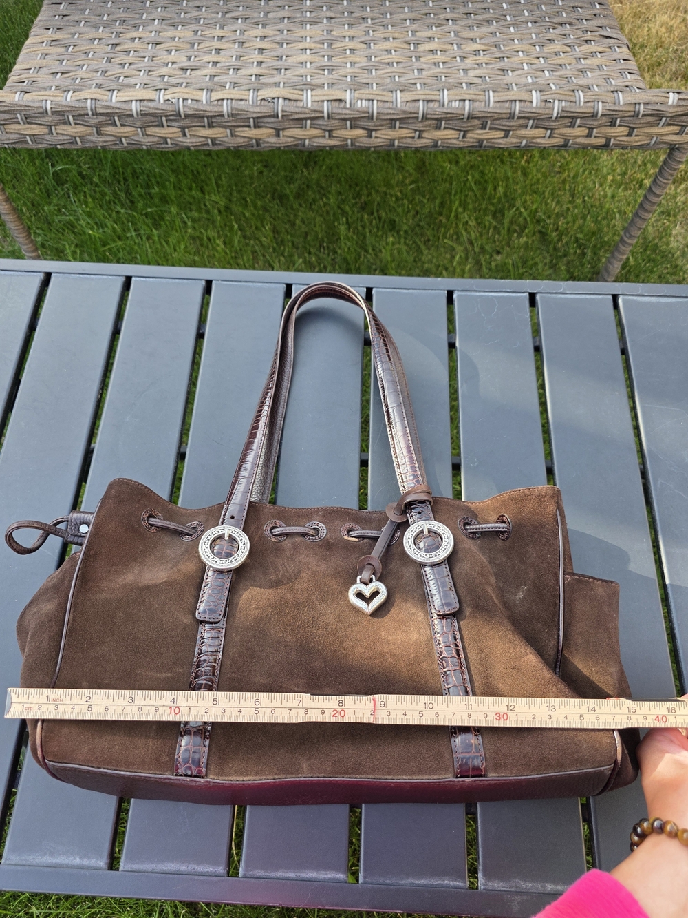 Brighton Brown Suede Shoulder Bag Croc Trim Silver Heart Charm Drawstring GUC - Picture 7 of 8